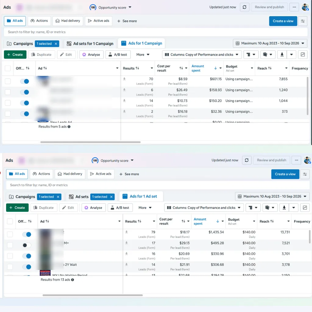 Facebook Ads campaign results dashboard for a local business in New Braunfels TX