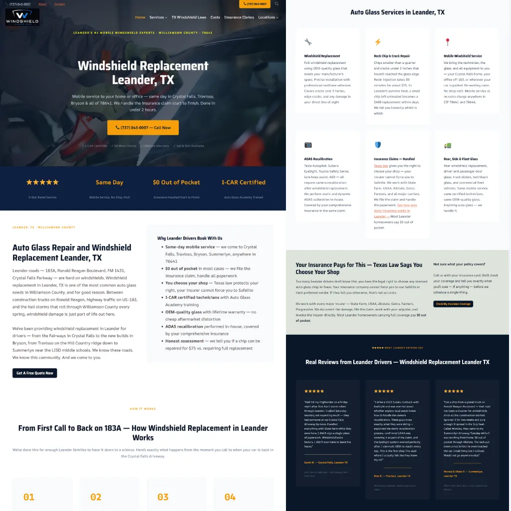 Custom website for an auto windshield replacement business in Texas