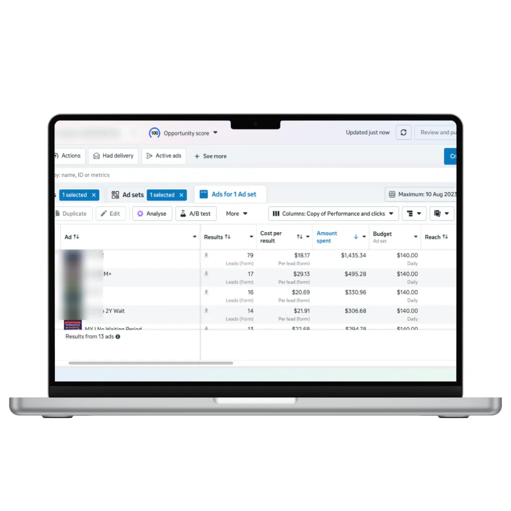 Meta Ads leads and ad spend for an insurance client