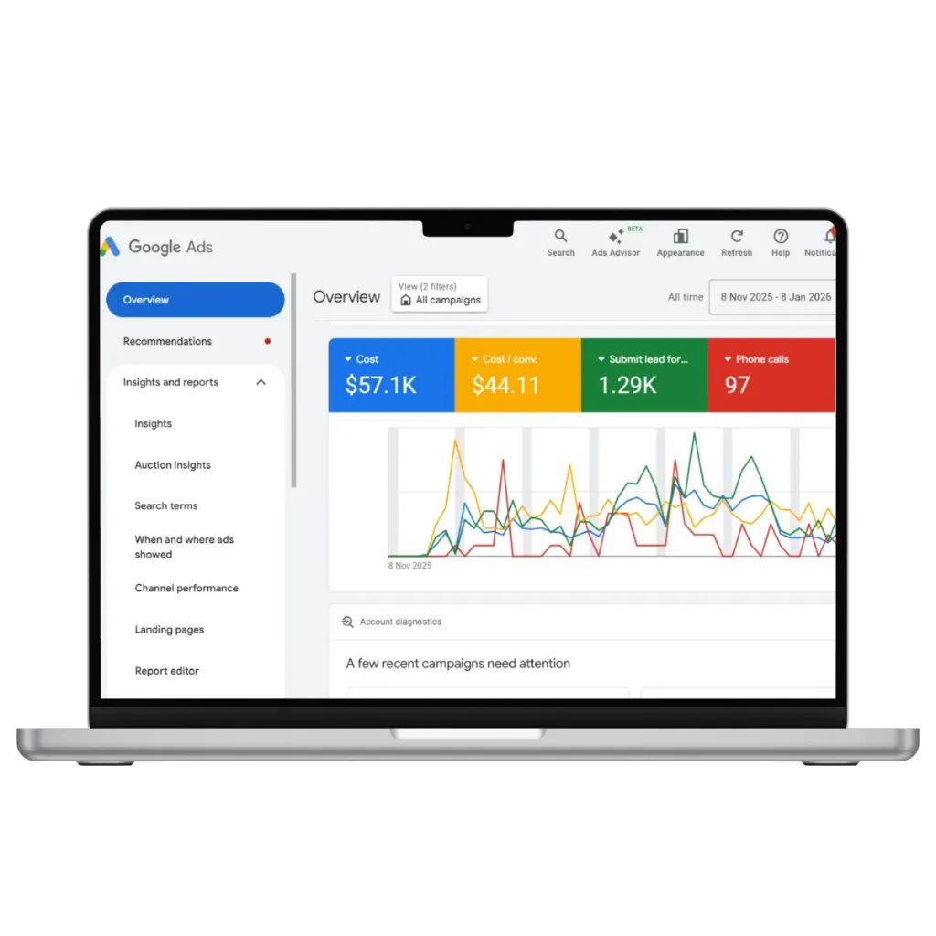 Google Ads account results managed by Khizar Hayat for a roofing business